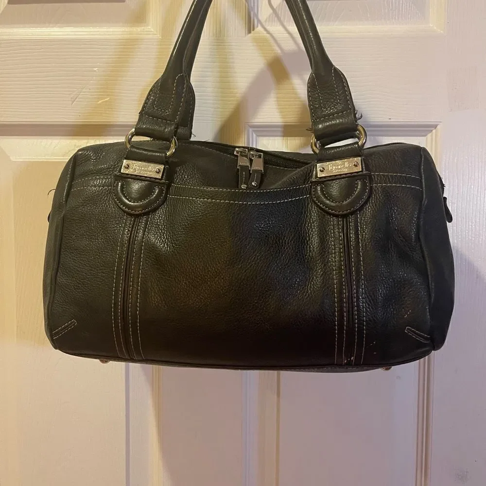 Tignanello leather black Medium Satchel silver tone hardwares.